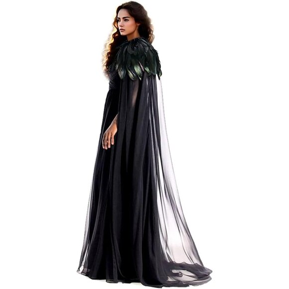 Women Gothic Tulle with Feather Collar Cloak Vampire Cape Witch Queen Costume - Picture 1 of 9